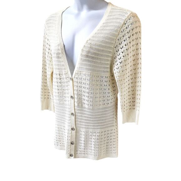 DKNY JEANS Women's V- Neck Open Knit Cream Colored Cardigan Sweater Size XL - Picture 1 of 15